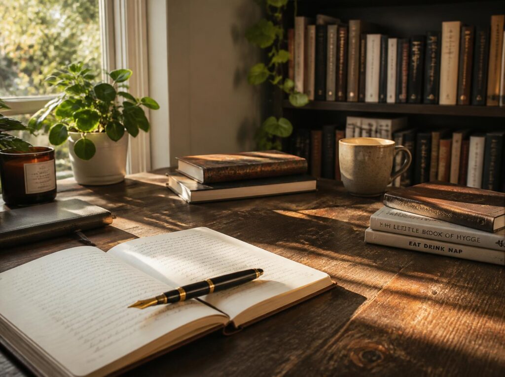 A cozy author's writing desk with an open notebook, elegant fountain pen, several books, warm natural light coming through a window, subtle plants and a peaceful creative atmosphere, sophisticated editorial photography, realistic, warm and inspiring.