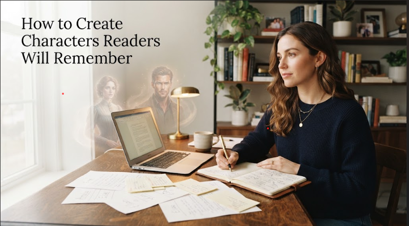 Female writer developing fictional characters at a writing desk. how to create memorable characters
