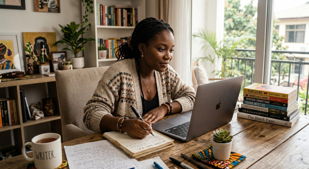Aspiring African writer beginning her first book at a desk. how to create a book outline