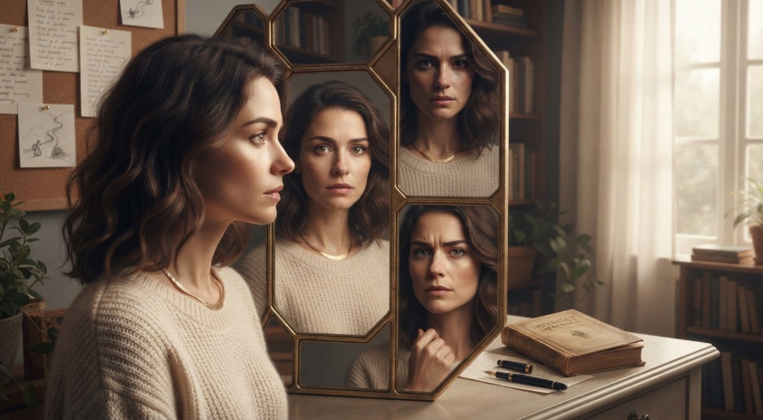 Fictional woman reflecting on her strengths, flaws, and vulnerabilities in a mirror.