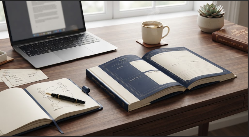 Character development workbook for writers on a writing desk with character notes
